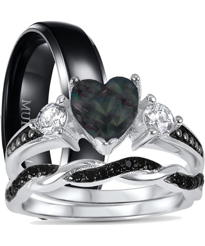 His Hers Wedding Ring Set TRIO 3 PCS Simulated Black Topaz Bridal Set Silver Black Titanium Him Her Her 9 - His 8 $40.85 Sets