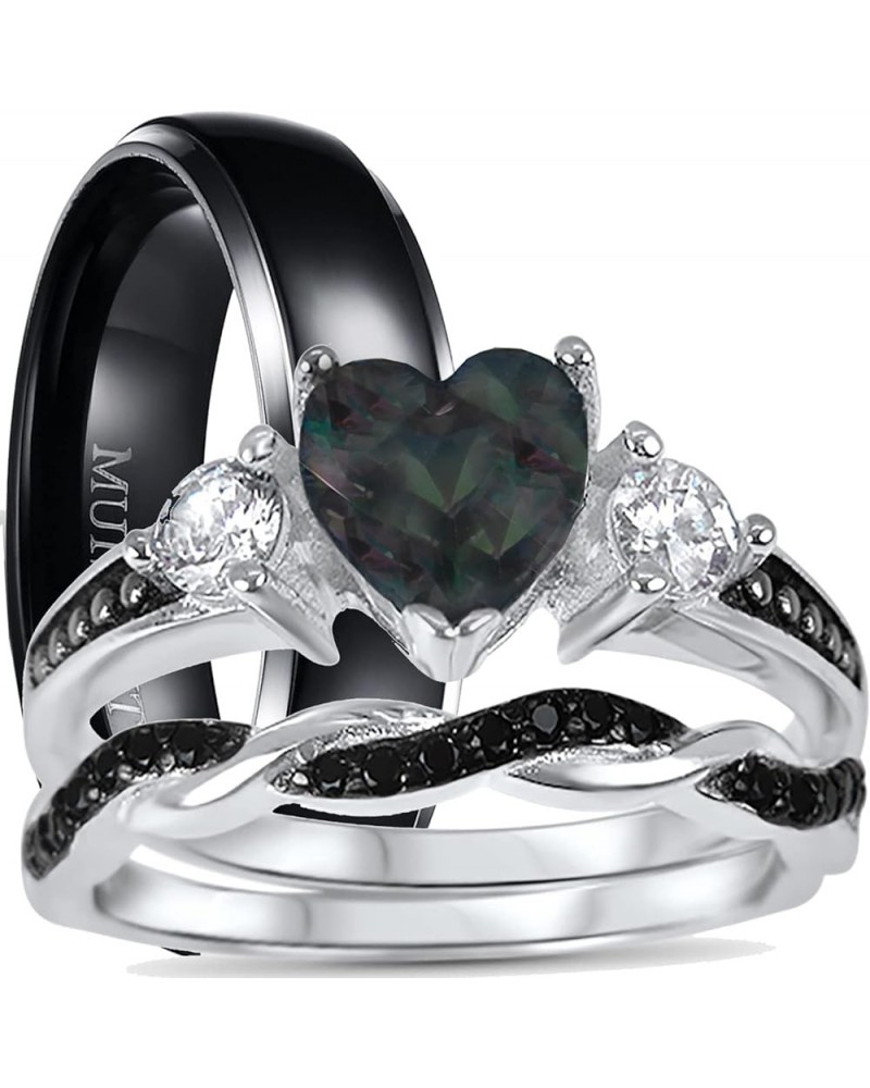 His Hers Wedding Ring Set TRIO 3 PCS Simulated Black Topaz Bridal Set Silver Black Titanium Him Her Her 9 - His 8 $40.85 Sets