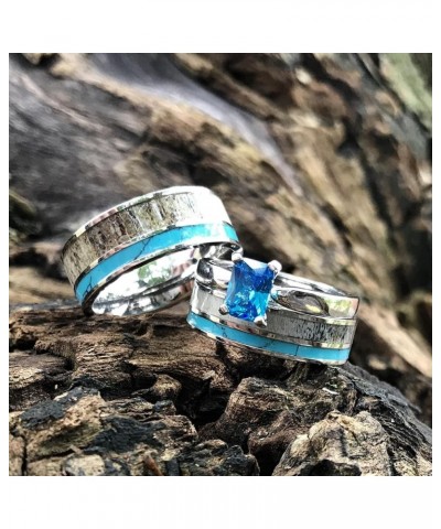 3 pc Natural Deer Antler Ring with Turquoise Inlay Engagement ring Mens Womens Wedding Ring Set Stainless Steel Sterling Silv...