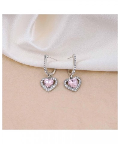 Vintage Crystal Heart Drop Earrings Pink Rhinestone Heart Earrings Silver Cz Halo Heart Dangle Earrings Love Heart Hoop Earri...