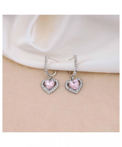 Vintage Crystal Heart Drop Earrings Pink Rhinestone Heart Earrings Silver Cz Halo Heart Dangle Earrings Love Heart Hoop Earri...