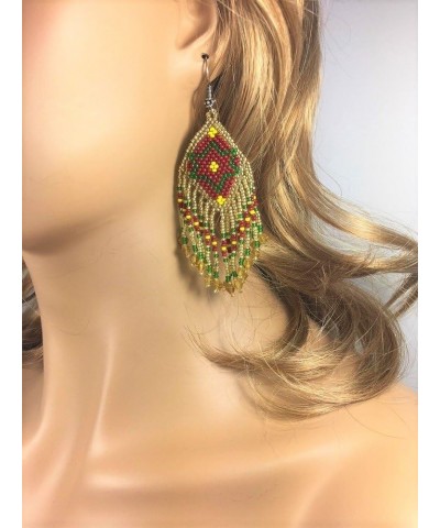 Southwestern Geometric Pattern Glass Seed Beaded Earrings Handmade Gold Maroon $10.00 Earrings