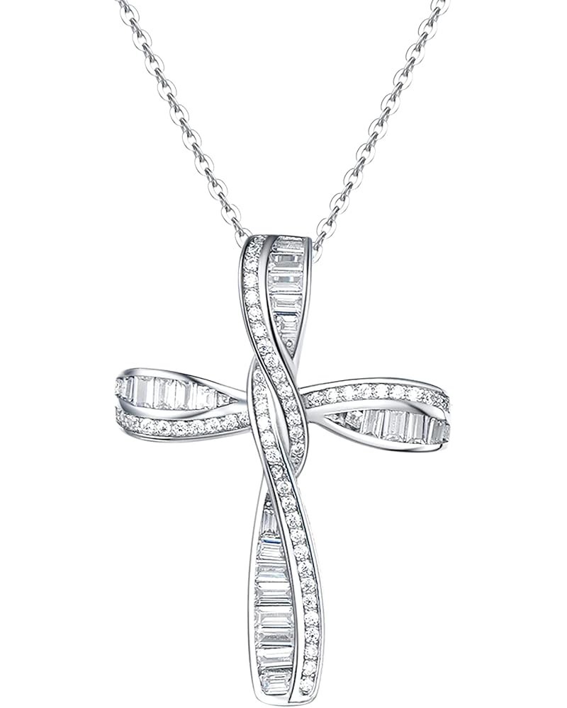 Cross Necklace For Women 925 Solid Sterling Silver Cubic Zirconia Twisted Cross Infinity Loop Princess Pendant Necklace Faith...