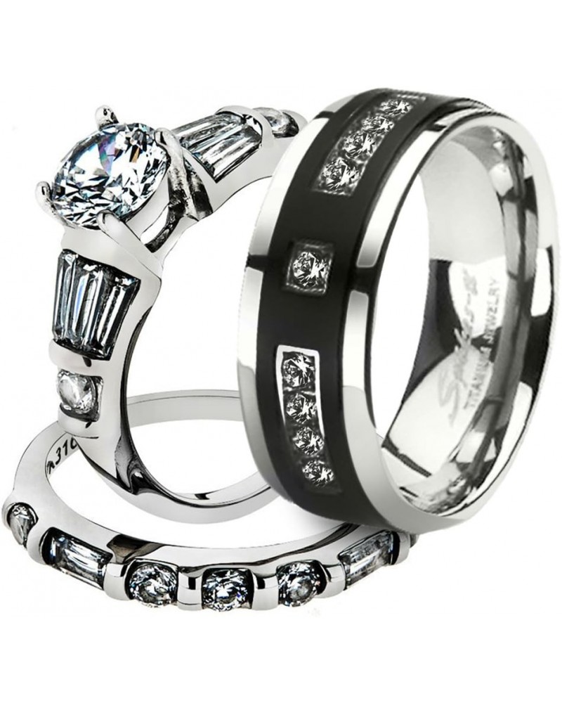 His and Her Stainless Steel 2.50 Carat Cubic Zirconia Bridal Set and Men's Titanium Wedding Band Women's Size 09 Men's Size 0...