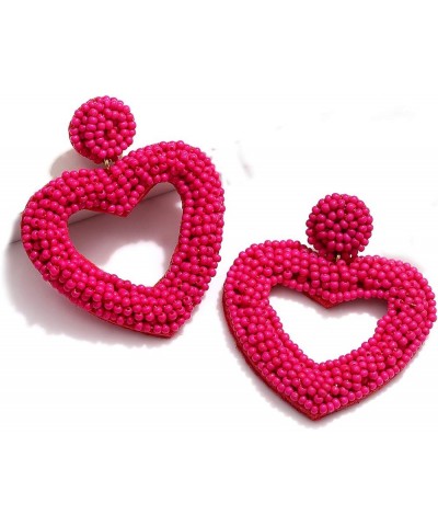 Beaded Drop Earrings Handmade Seed Bead Heart Hoop Dangle Earrings Bohemia Statement Earring Studs for Women Girls A: Rose Re...