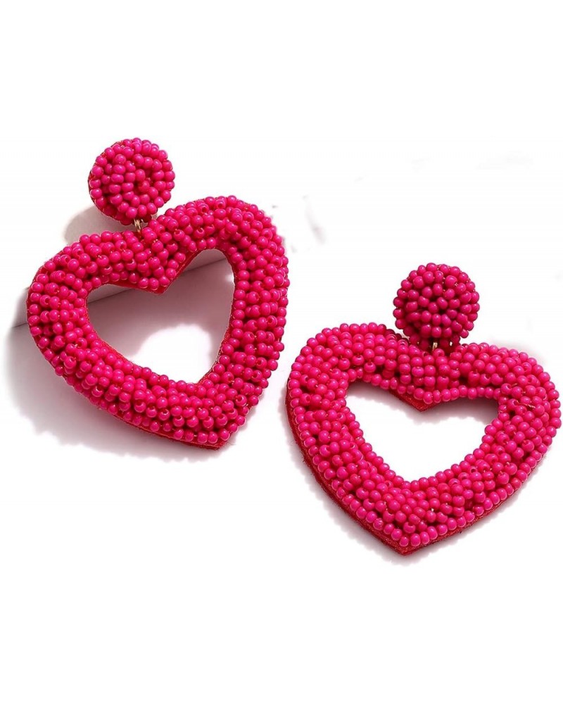 Beaded Drop Earrings Handmade Seed Bead Heart Hoop Dangle Earrings Bohemia Statement Earring Studs for Women Girls A: Rose Re...