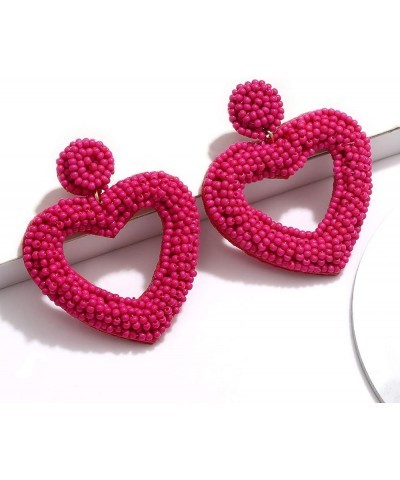 Beaded Drop Earrings Handmade Seed Bead Heart Hoop Dangle Earrings Bohemia Statement Earring Studs for Women Girls A: Rose Re...