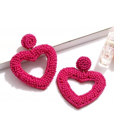 Beaded Drop Earrings Handmade Seed Bead Heart Hoop Dangle Earrings Bohemia Statement Earring Studs for Women Girls A: Rose Re...