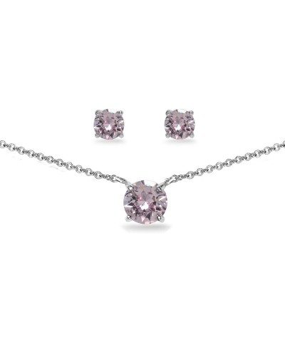 Sterling Silver Round Solitaire Colored Crystal Stud Earrings & Short Necklace Jewelry Set for Women Girls June - Pink $20.99...