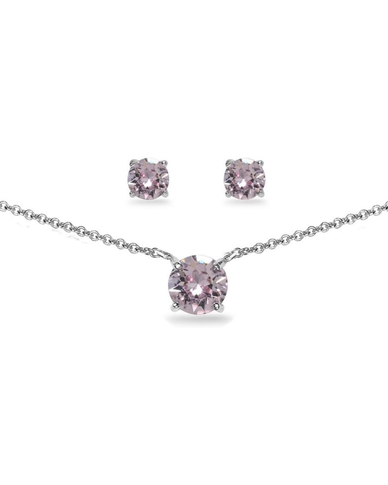 Sterling Silver Round Solitaire Colored Crystal Stud Earrings & Short Necklace Jewelry Set for Women Girls June - Pink $20.99...