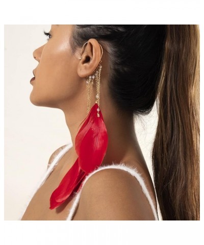 2pcs Feather Drop Cuff Earring Long Tassels Clip Bohemian Dangling Feather Ear Ring Bohemian Accessories for Women Girls red ...