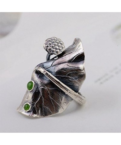 Vintage Large 990 Sterling Silver Lotus Leaf Wrap Ring with Natural Green Jade Punk Jewelry for Women Girls Open and Adjustab...