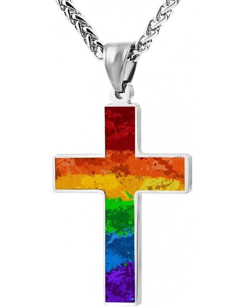 Cool Design LGBT Splatter Rainbow Flag Zinc Alloy Religious Cross Pendant Necklace $10.25 Necklaces