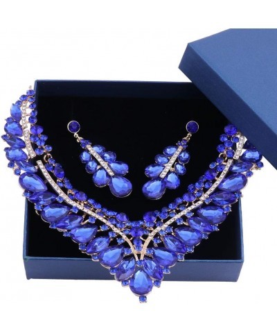 Women Bridal Crystal Teardrop Wedding Necklace Earrings Jewelry Set Gifts Boxes For Brides Formal Dress Blue $12.31 Jewelry Sets