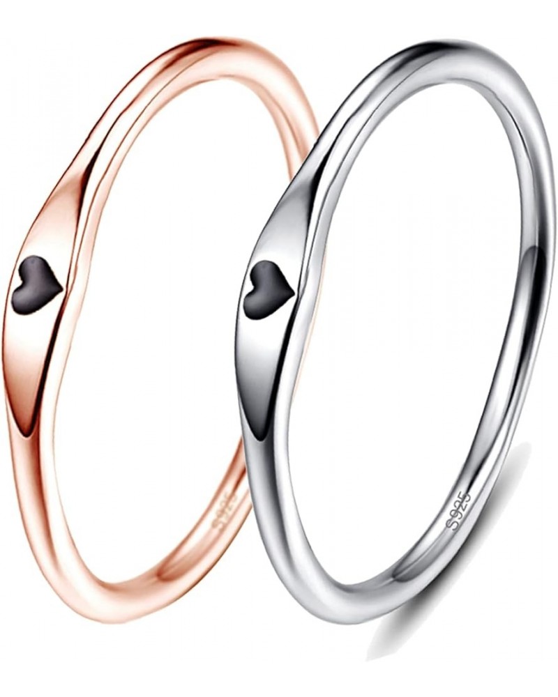 925 Sterling Silver Simple Carve Heart Wedding Band Stackable Promise Ring for Her Size 5-10 6 2 PCS Silver-Black&Rose Gold-B...