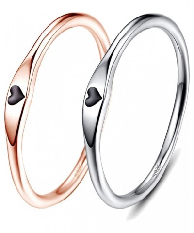 925 Sterling Silver Simple Carve Heart Wedding Band Stackable Promise Ring for Her Size 5-10 6 2 PCS Silver-Black&Rose Gold-B...