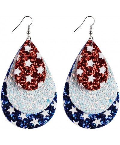 Glitter Big Teardrop Leather Dangle Earrings for Women Girls Handmade Double-sided Layered Stars and Stripes USA Flag Festiva...