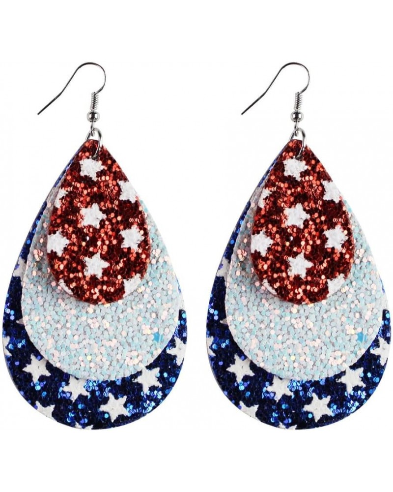 Glitter Big Teardrop Leather Dangle Earrings for Women Girls Handmade Double-sided Layered Stars and Stripes USA Flag Festiva...