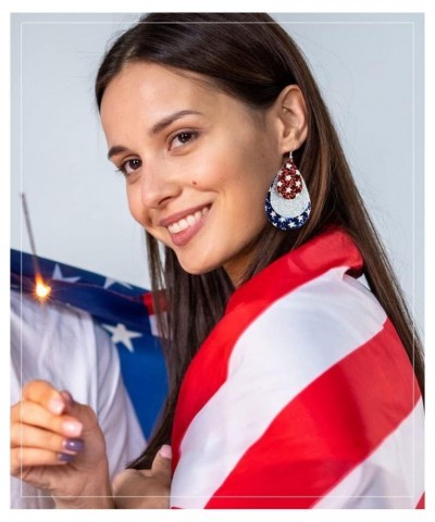 Glitter Big Teardrop Leather Dangle Earrings for Women Girls Handmade Double-sided Layered Stars and Stripes USA Flag Festiva...