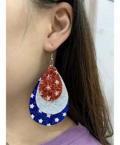 Glitter Big Teardrop Leather Dangle Earrings for Women Girls Handmade Double-sided Layered Stars and Stripes USA Flag Festiva...