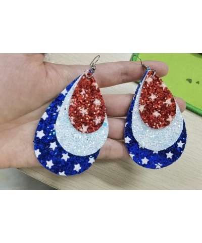 Glitter Big Teardrop Leather Dangle Earrings for Women Girls Handmade Double-sided Layered Stars and Stripes USA Flag Festiva...