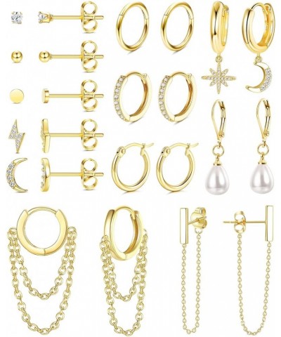 Earring Set for Multiple Piercing 18K Gold Plated Chain Earrings Gold Earrings Set Stud Hoop Earrings Set Moon and Star Pearl...