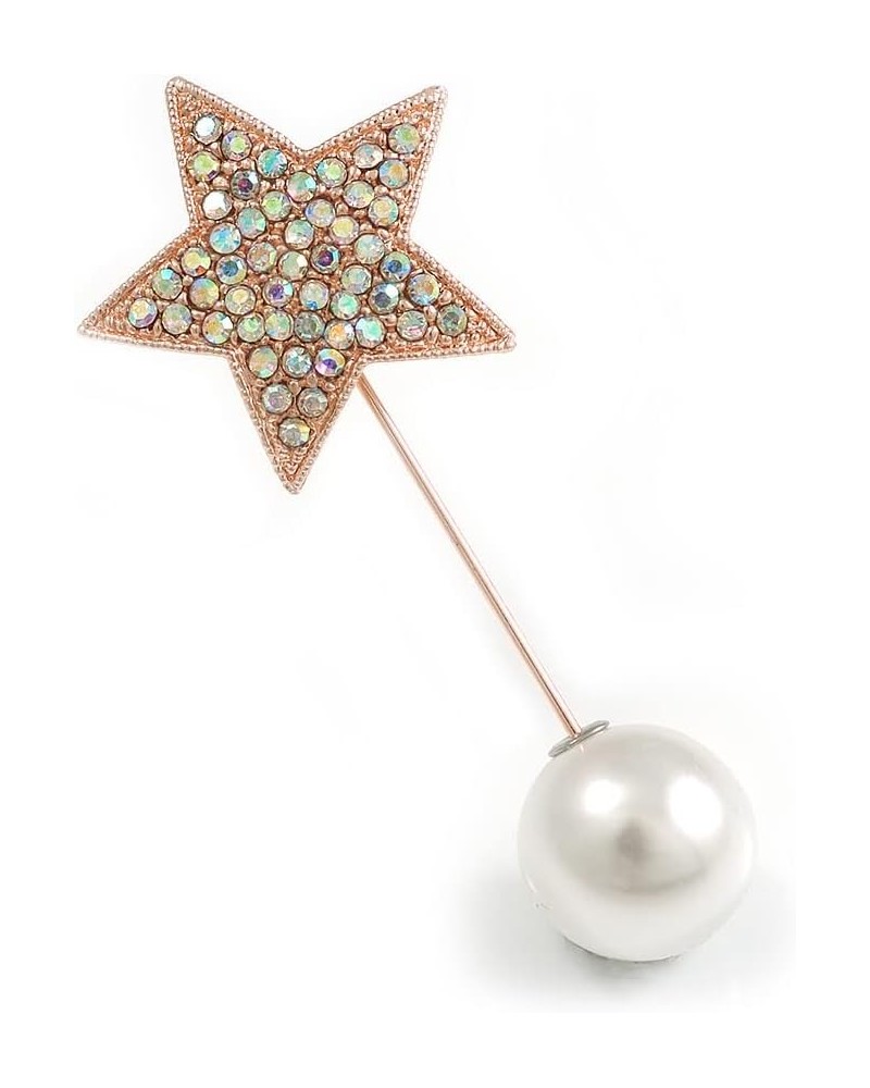 AB Crystal Star, Pearl Bead Lapel, Hat, Suit, Tuxedo, Collar, Scarf, Coat Stick Brooch Pin In Rose Gold Tone Metal - 70mm L $...