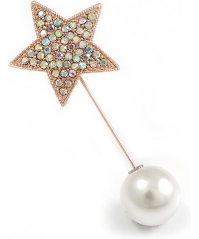 AB Crystal Star, Pearl Bead Lapel, Hat, Suit, Tuxedo, Collar, Scarf, Coat Stick Brooch Pin In Rose Gold Tone Metal - 70mm L $...