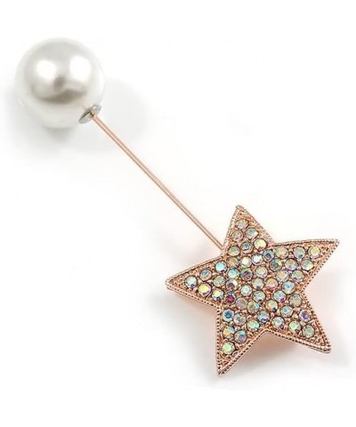 AB Crystal Star, Pearl Bead Lapel, Hat, Suit, Tuxedo, Collar, Scarf, Coat Stick Brooch Pin In Rose Gold Tone Metal - 70mm L $...