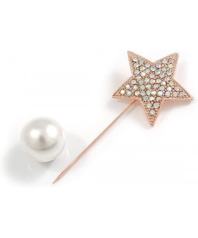 AB Crystal Star, Pearl Bead Lapel, Hat, Suit, Tuxedo, Collar, Scarf, Coat Stick Brooch Pin In Rose Gold Tone Metal - 70mm L $...