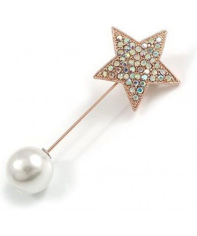 AB Crystal Star, Pearl Bead Lapel, Hat, Suit, Tuxedo, Collar, Scarf, Coat Stick Brooch Pin In Rose Gold Tone Metal - 70mm L $...