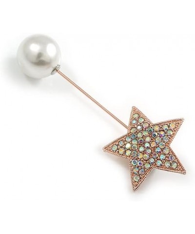 AB Crystal Star, Pearl Bead Lapel, Hat, Suit, Tuxedo, Collar, Scarf, Coat Stick Brooch Pin In Rose Gold Tone Metal - 70mm L $...