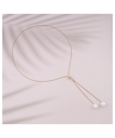 Long Pearl Lariat Necklaces Single Pearl Drop Y Necklace Dainty Pearl Pendant Sliding Necklace Adjustable Round Snake Chain Y...