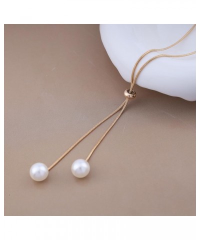 Long Pearl Lariat Necklaces Single Pearl Drop Y Necklace Dainty Pearl Pendant Sliding Necklace Adjustable Round Snake Chain Y...