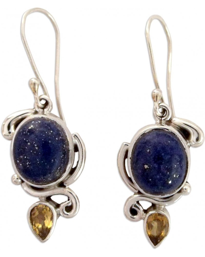 Artisan Handmade Lapis Citrine Dangle Earrings Indian with .925 Sterling Silver Lazuli Blue Yellow Royal Reflecting Pond Birt...