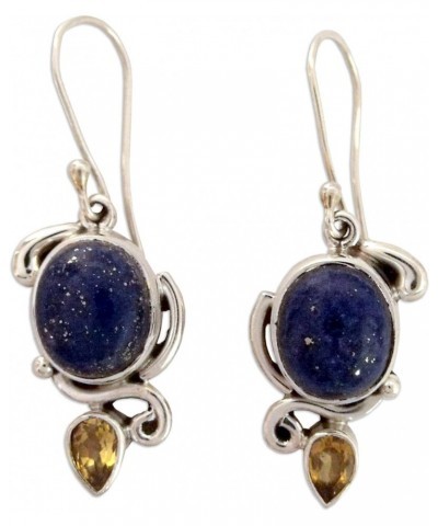 Artisan Handmade Lapis Citrine Dangle Earrings Indian with .925 Sterling Silver Lazuli Blue Yellow Royal Reflecting Pond Birt...