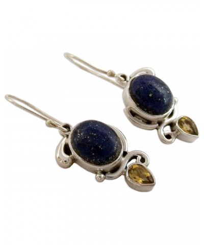 Artisan Handmade Lapis Citrine Dangle Earrings Indian with .925 Sterling Silver Lazuli Blue Yellow Royal Reflecting Pond Birt...