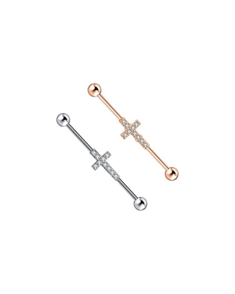 14G Industrial Stainless Steel Barbell Cross w/Gems - 14 Gauge Cartilage Industrial Ear Piercing Jewelry - 2 Color Options $9...