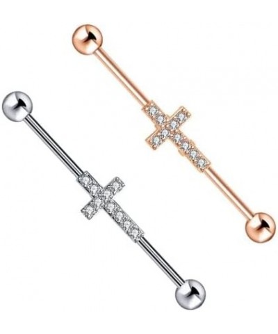 14G Industrial Stainless Steel Barbell Cross w/Gems - 14 Gauge Cartilage Industrial Ear Piercing Jewelry - 2 Color Options $9...