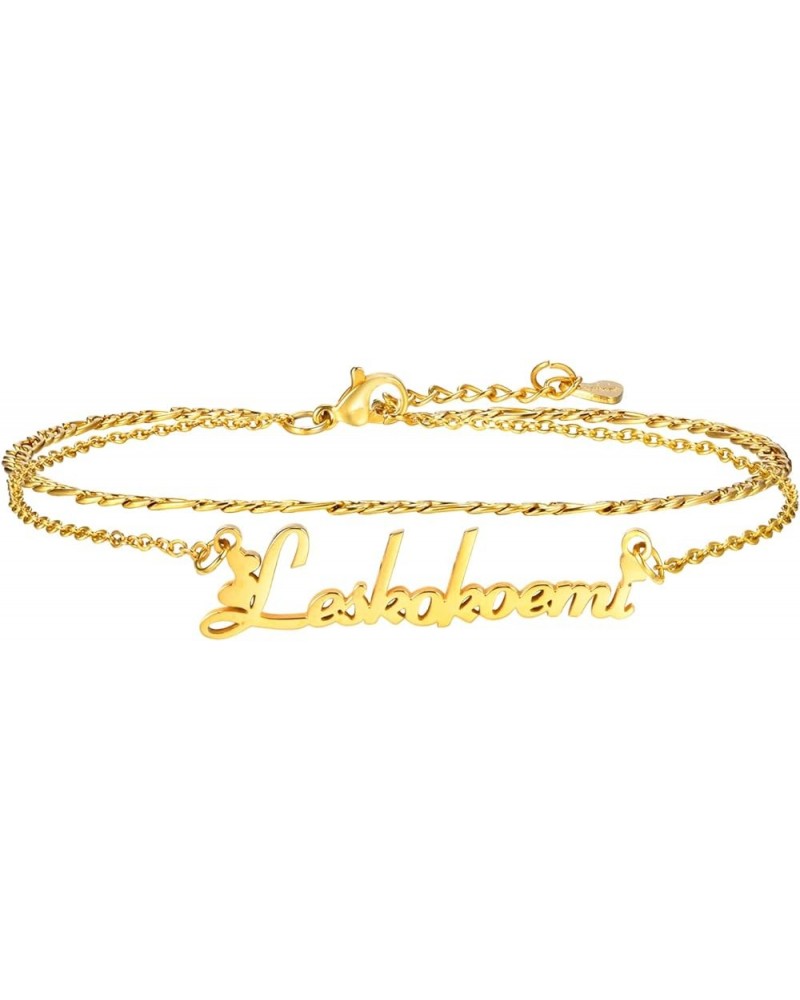 Custom Name Ankle Bracelets for Women - Personalized Nameplated Layered Link Chain Anklet, 18K Gold Plated Stainless Steel Su...