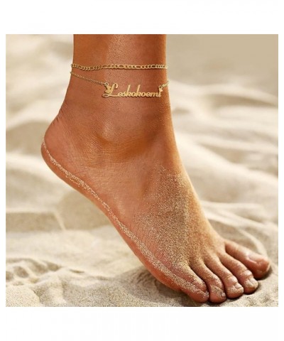 Custom Name Ankle Bracelets for Women - Personalized Nameplated Layered Link Chain Anklet, 18K Gold Plated Stainless Steel Su...