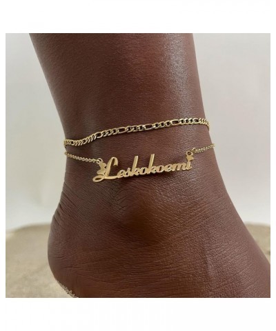 Custom Name Ankle Bracelets for Women - Personalized Nameplated Layered Link Chain Anklet, 18K Gold Plated Stainless Steel Su...