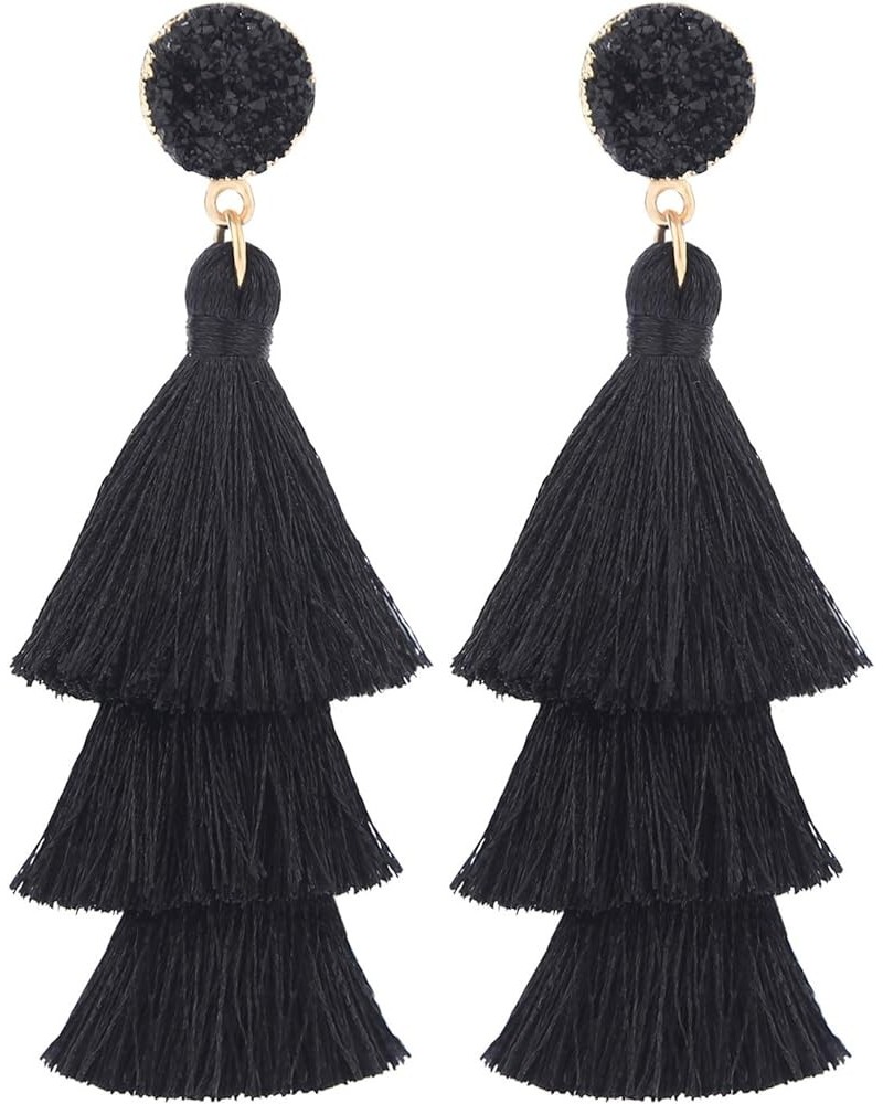 Tassel Earrings Layered Tiered Linear Drop Fashion Trending Earrings Black $7.79 Earrings