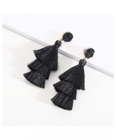 Tassel Earrings Layered Tiered Linear Drop Fashion Trending Earrings Black $7.79 Earrings