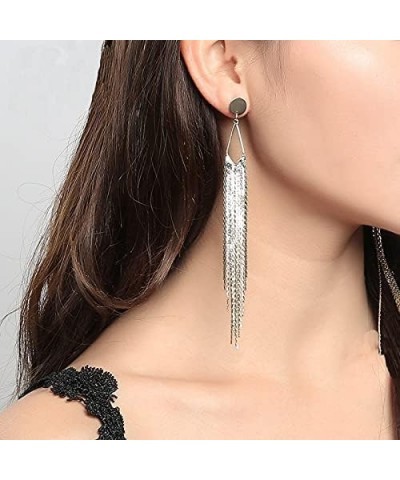 Women's Linear Long Tassels Diamante Rhinestone Dangle Party Eardrop Earrings round/studSilver $7.01 Earrings