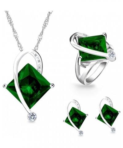 Charm Created Topaz Big Square Crystal Necklace Stud Earrings Rings Party Jewelry Set for Women Green $9.85 Jewelry Sets