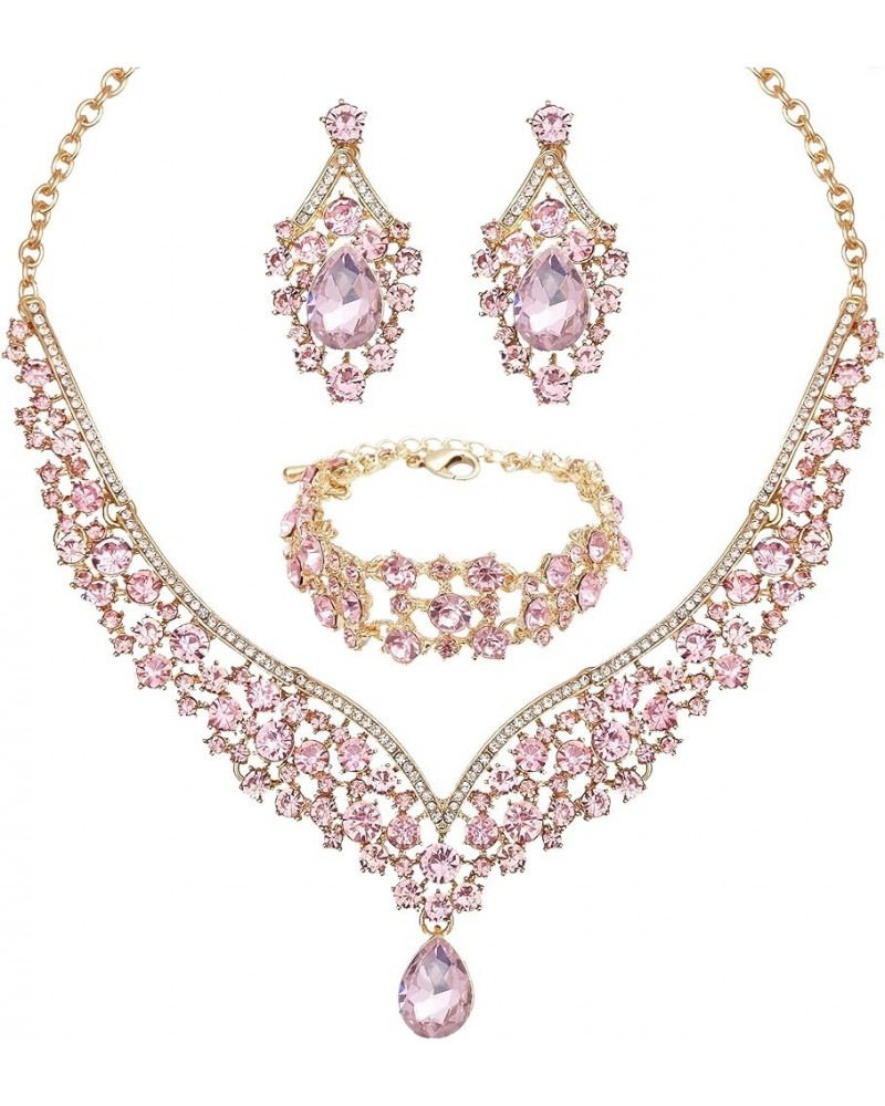 Women's Statement Necklace Earrings Link Bracelet Set for Bride Austrian Crystal Wedding Bridal Costume Jewelry Sets pink cry...