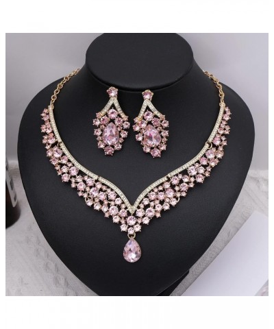 Women's Statement Necklace Earrings Link Bracelet Set for Bride Austrian Crystal Wedding Bridal Costume Jewelry Sets pink cry...