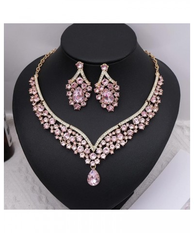 Women's Statement Necklace Earrings Link Bracelet Set for Bride Austrian Crystal Wedding Bridal Costume Jewelry Sets pink cry...