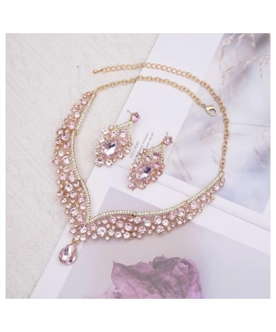 Women's Statement Necklace Earrings Link Bracelet Set for Bride Austrian Crystal Wedding Bridal Costume Jewelry Sets pink cry...